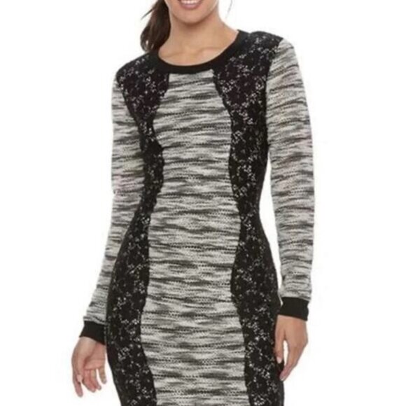 Three Pink Hearts Trixxi Black/White Long Sleeve Bodycon Lace Sweater Dress ~ S - Picture 1 of 9